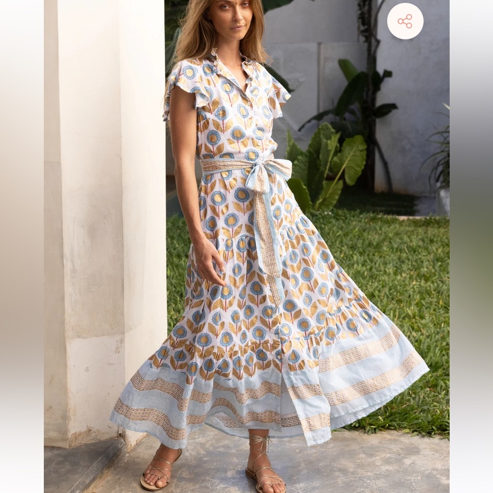 Oliphant Ruffle Collar Button Maxi Dress in Touraine Blue size XXS